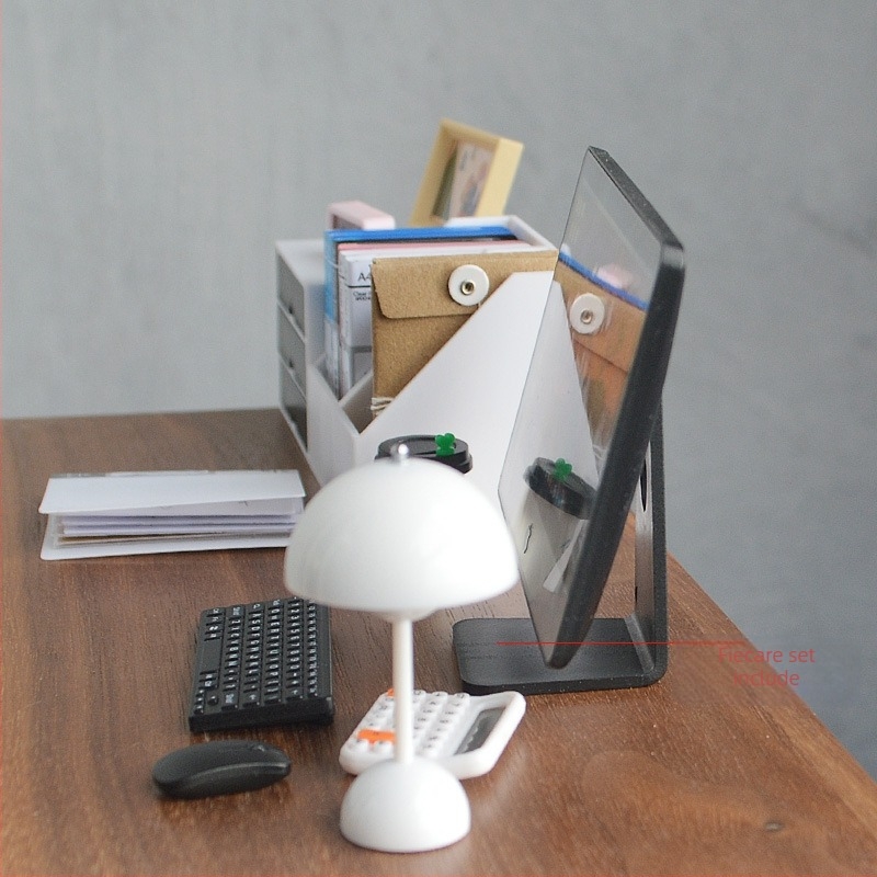 Calculator desktop miniatural pentru casă de păpuși, cu tastatură și mouse – model static din plastic, recuzită pentru păpuși, vârsta 15–35