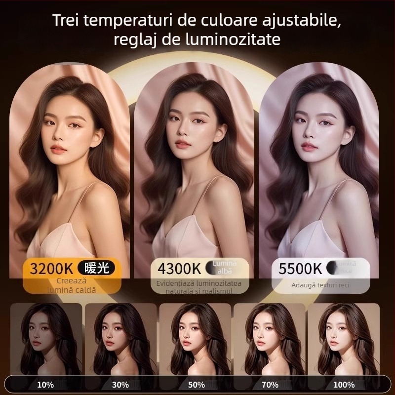 Lampa inel pentru streaming live cu iluminare facială, suport portabil cu trei poziții, 37W, 12V