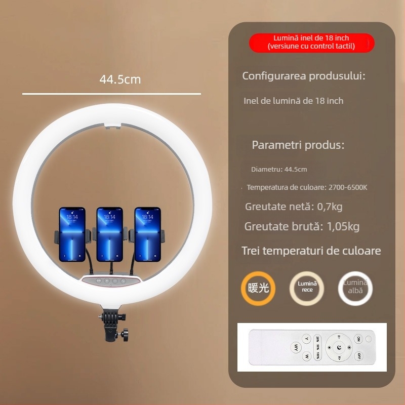 Lampa inel pentru streaming live cu iluminare facială, suport portabil cu trei poziții, 37W, 12V