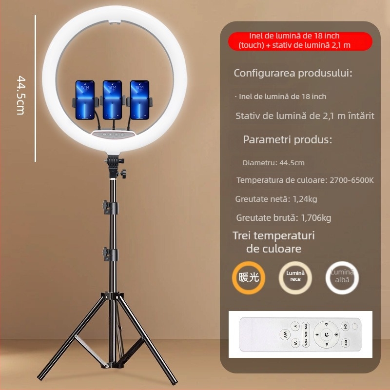 Lampa inel pentru streaming live cu iluminare facială, suport portabil cu trei poziții, 37W, 12V