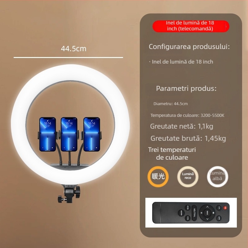Lampa inel pentru streaming live cu iluminare facială, suport portabil cu trei poziții, 37W, 12V