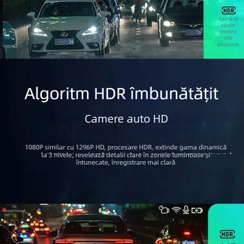 Camera auto cu obiectiv dublu față-spate, integrată în oglinda retrovizoare, HD 720p, unghi de 120°, ecran tactil, înregistrare în buclă