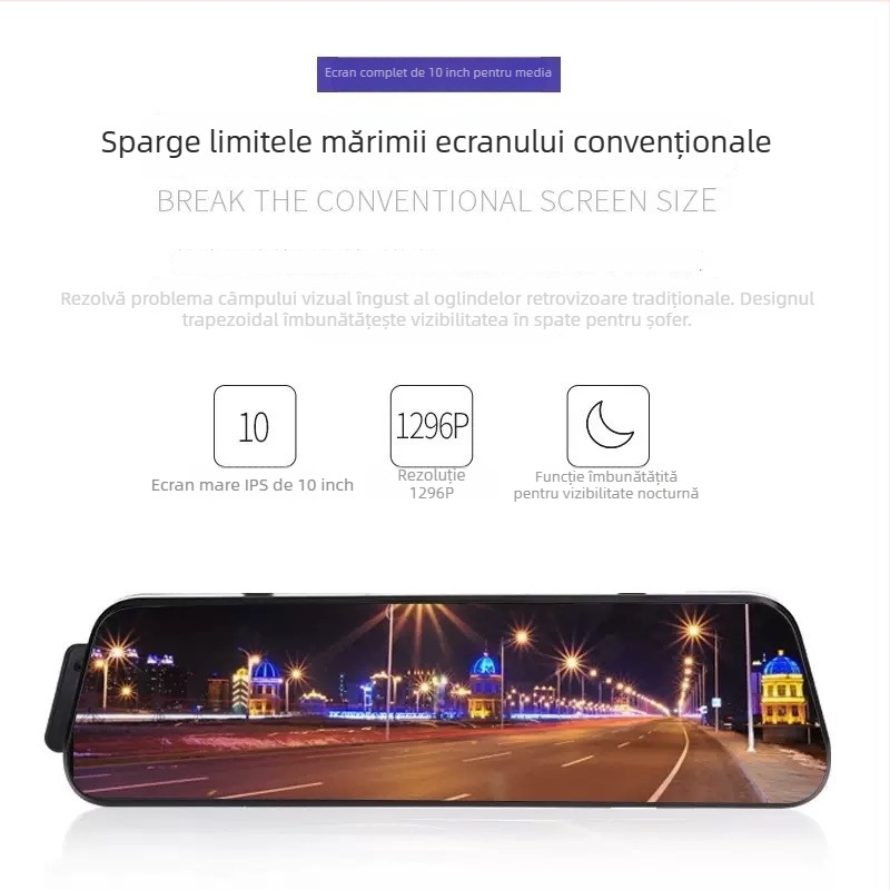Camera auto cu obiectiv dublu față-spate, integrată în oglinda retrovizoare, HD 720p, unghi de 120°, ecran tactil, înregistrare în buclă