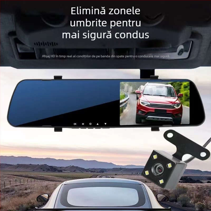 Camera auto cu obiectiv dublu față-spate, integrată în oglinda retrovizoare, HD 720p, unghi de 120°, ecran tactil, înregistrare în buclă