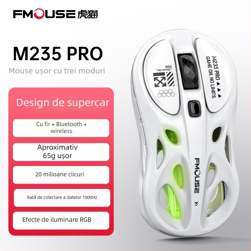 Mouse de gaming Tiger Cat M235Por – ușor, conectivitate în trei moduri (Bluetooth, 2,4 GHz, cablu), Iluminare RGB, 4800 DPI, 8 butoane