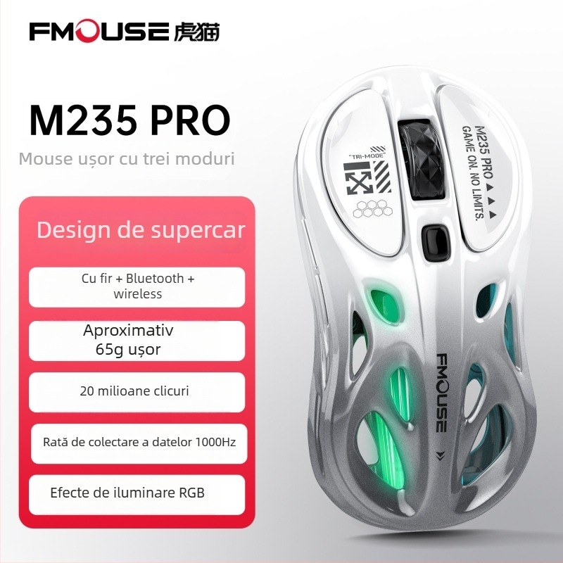Mouse de gaming Tiger Cat M235Por – ușor, conectivitate în trei moduri (Bluetooth, 2,4 GHz, cablu), Iluminare RGB, 4800 DPI, 8 butoane