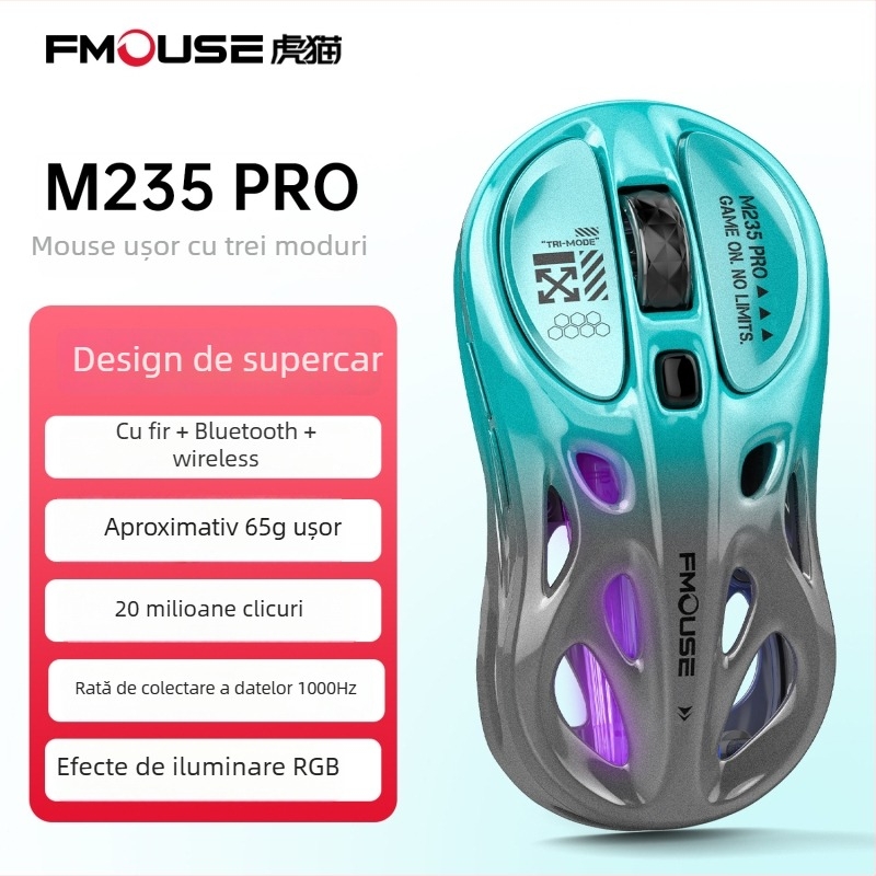 Mouse de gaming Tiger Cat M235Por – ușor, conectivitate în trei moduri (Bluetooth, 2,4 GHz, cablu), Iluminare RGB, 4800 DPI, 8 butoane
