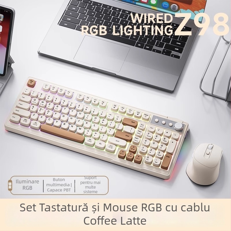 Dream Tribe Z98 set tastatură și mouse wireless – senzație mecanică silențioasă, tastatură USB și mouse USB, greutate 650 g