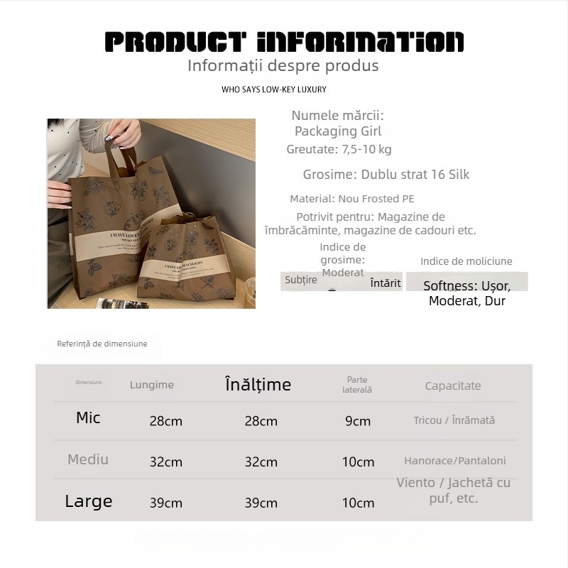 Mu Ming geantă plastică pentru haine cu imprimare a logo-ului | ambalare haine, mâner 50 cm, etichetă privată licențiată disponibilă