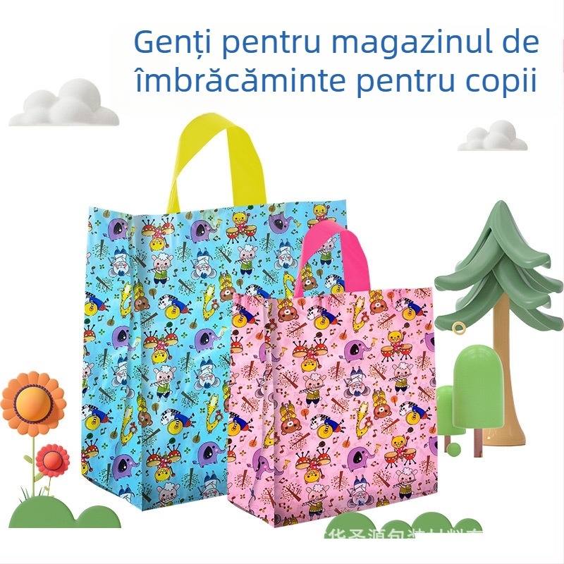 Poșetă din plastic pentru magazin de îmbrăcăminte pentru copii, design drăguț desen animat și logo personalizat de înaltă calitate — construcție cu dublu strat; destinație ambalare cadouri; producție zilnică 100000; toleranță 0.001