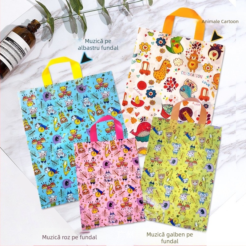 Poșetă din plastic pentru magazin de îmbrăcăminte pentru copii, design drăguț desen animat și logo personalizat de înaltă calitate — construcție cu dublu strat; destinație ambalare cadouri; producție zilnică 100000; toleranță 0.001