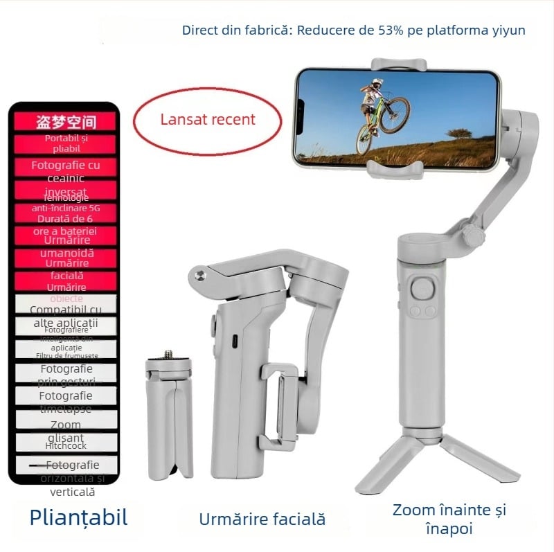 Stabilizator cu trei axe pentru telefon — gimbal PTZ portabil cu rotire 360°, Bluetooth, compatibil cu telefonul mobil, plastic ABS