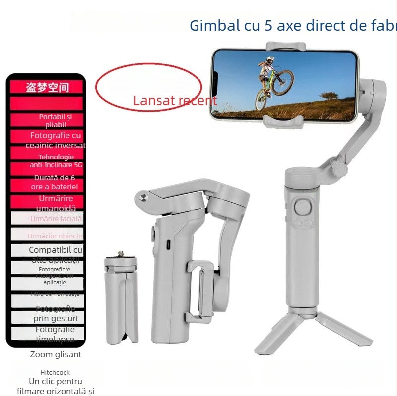 Stabilizator cu trei axe pentru telefon — gimbal PTZ portabil cu rotire 360°, Bluetooth, compatibil cu telefonul mobil, plastic ABS