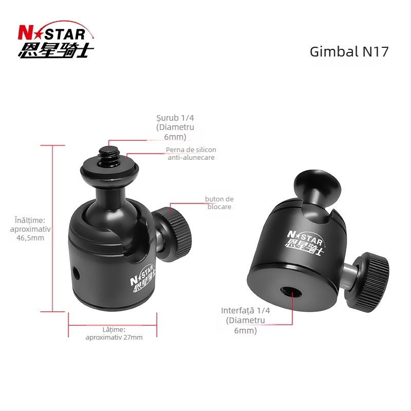 N-Star gimbal portabil multifuncțional pentru cameră/telefon cu rotație orizontală 360° și verticală 90°, montaj prin șurub, aliaj de aluminiu, universal pentru filmare în interior/exterior