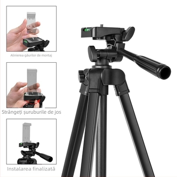 Tripod pentru cameră mirrorless și smartphone, aliaj de aluminiu, 4 secțiuni, 3D gimbal, încărcare 1–3,5 kg