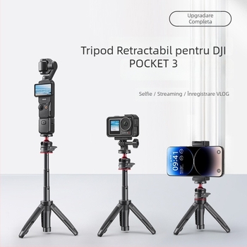 Pocket 3 Mini Trepied Retractabil – Trepied de mână cu extensie telescopic în 3 secțiuni, ABS+metal, cap cu bilă, sarcină 2–5 kg, pentru DJI Action 5 Pro/4/3