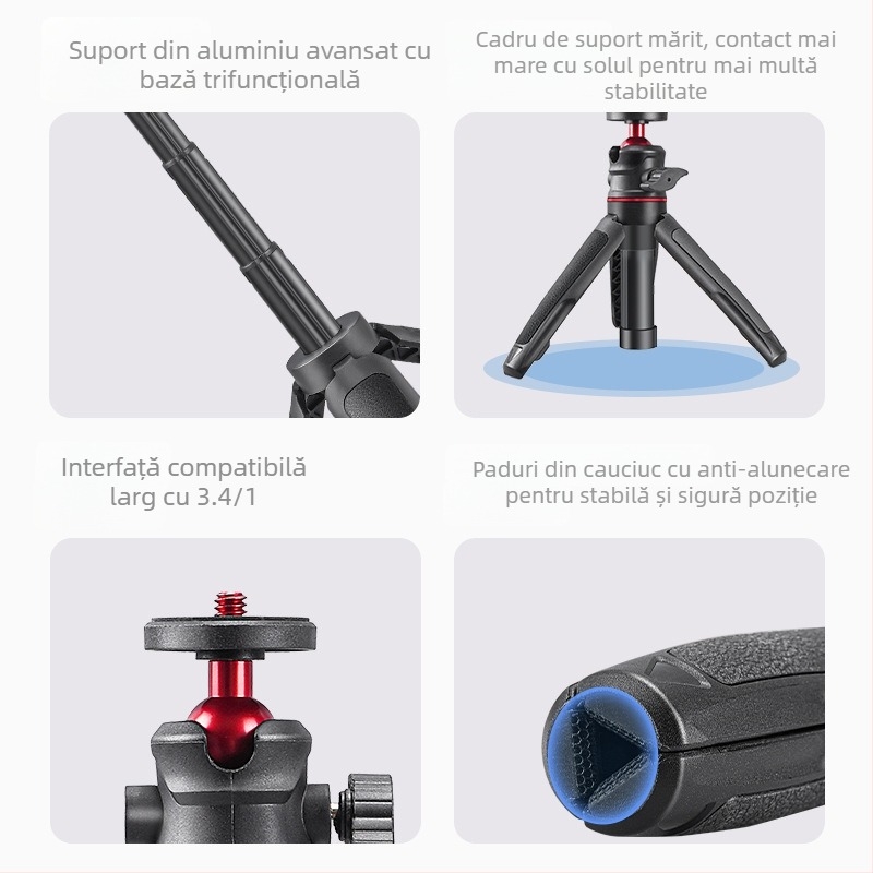 Pocket 3 Mini Trepied Retractabil – Trepied de mână cu extensie telescopic în 3 secțiuni, ABS+metal, cap cu bilă, sarcină 2–5 kg, pentru DJI Action 5 Pro/4/3