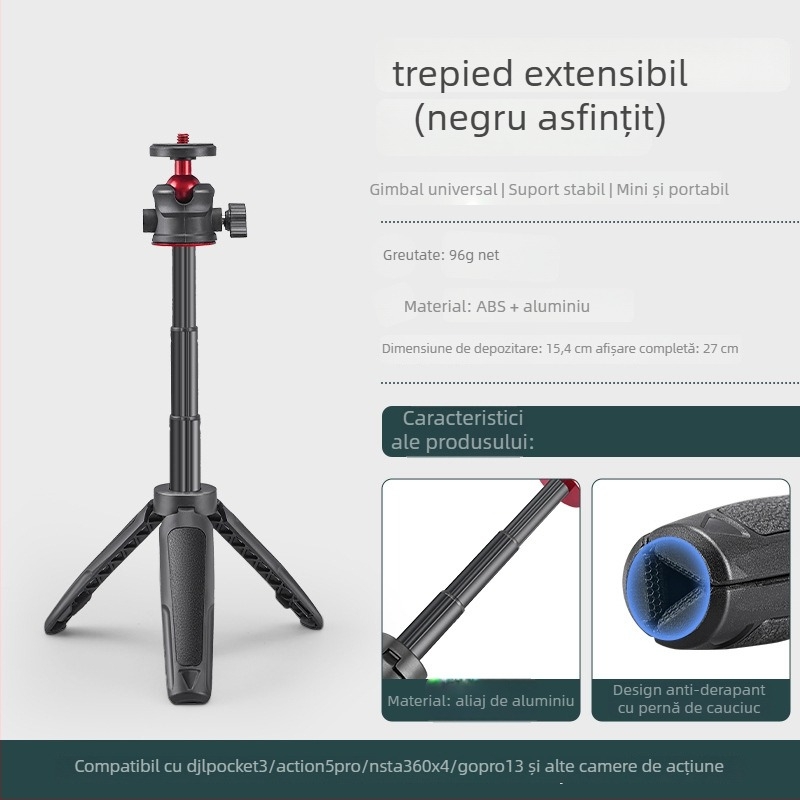 Pocket 3 Mini Trepied Retractabil – Trepied de mână cu extensie telescopic în 3 secțiuni, ABS+metal, cap cu bilă, sarcină 2–5 kg, pentru DJI Action 5 Pro/4/3