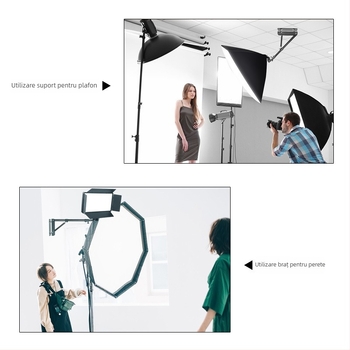 Suport de plafon pentru iluminat foto cu braț telescopic 2 secțiuni — sarcină 5 kg, înălțime de lucru 130–180 cm, diametru 30/35 mm