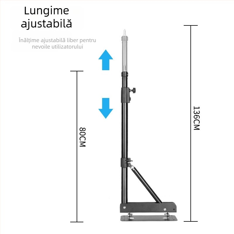 Suport de plafon pentru iluminat foto cu braț telescopic 2 secțiuni — sarcină 5 kg, înălțime de lucru 130–180 cm, diametru 30/35 mm