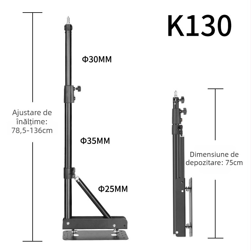 Suport de plafon pentru iluminat foto cu braț telescopic 2 secțiuni — sarcină 5 kg, înălțime de lucru 130–180 cm, diametru 30/35 mm