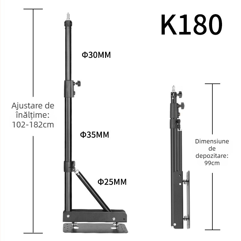 Suport de plafon pentru iluminat foto cu braț telescopic 2 secțiuni — sarcină 5 kg, înălțime de lucru 130–180 cm, diametru 30/35 mm