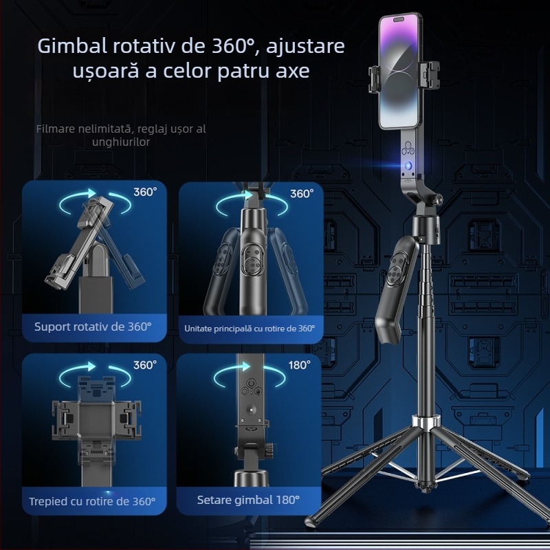Băț de selfie cu urmărire inteligentă, rotație de 360°, urmărire facială, stabilizator antișoc, corp din aliaj de aluminiu