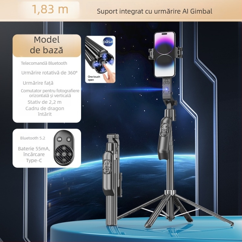 Băț de selfie cu urmărire inteligentă, rotație de 360°, urmărire facială, stabilizator antișoc, corp din aliaj de aluminiu