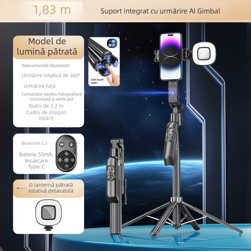 Băț de selfie cu urmărire inteligentă, rotație de 360°, urmărire facială, stabilizator antișoc, corp din aliaj de aluminiu