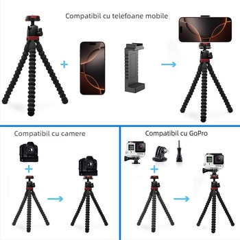 Tripod octopus pentru cameră și telefon - suport mini portabil din aliaj de aluminiu pentru streaming live, sarcină 0-3 kg, greutate 0,372 kg