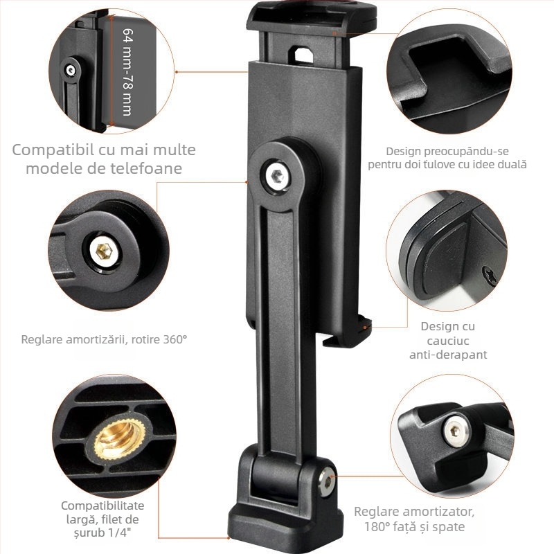 Vndefo VC-07 Clip rotativ pentru telefon, aliaj aluminiu/zinc, sarcină până la 2 kg, greutate 0,036 kg, selfie orizontal și vertical, transmisie video în direct