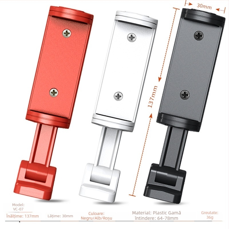 Vndefo VC-07 Clip rotativ pentru telefon, aliaj aluminiu/zinc, sarcină până la 2 kg, greutate 0,036 kg, selfie orizontal și vertical, transmisie video în direct
