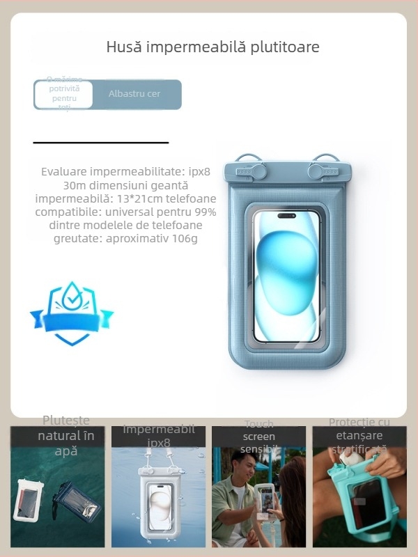 Husă impermeabilă pentru telefon cu două cârlige, design burete, capacitate mare pentru activități în aer liber