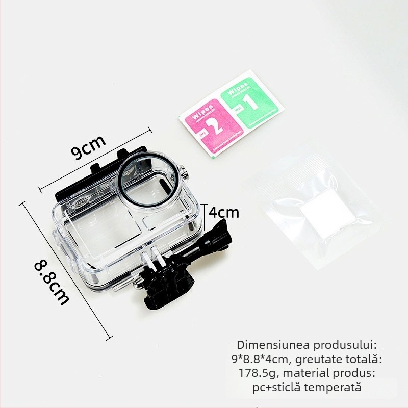 Carcasă de protecție subacvatică pentru DJI Action5 Pro/4/3: carcasă transparentă PC cu oțel inoxidabil 316 și sticlă de întărire; include carcasă impermeabilă, șurub lung și adaptor