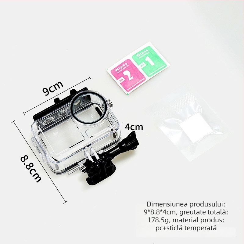 Carcasă de protecție subacvatică pentru DJI Action5 Pro/4/3: carcasă transparentă PC cu oțel inoxidabil 316 și sticlă de întărire; include carcasă impermeabilă, șurub lung și adaptor