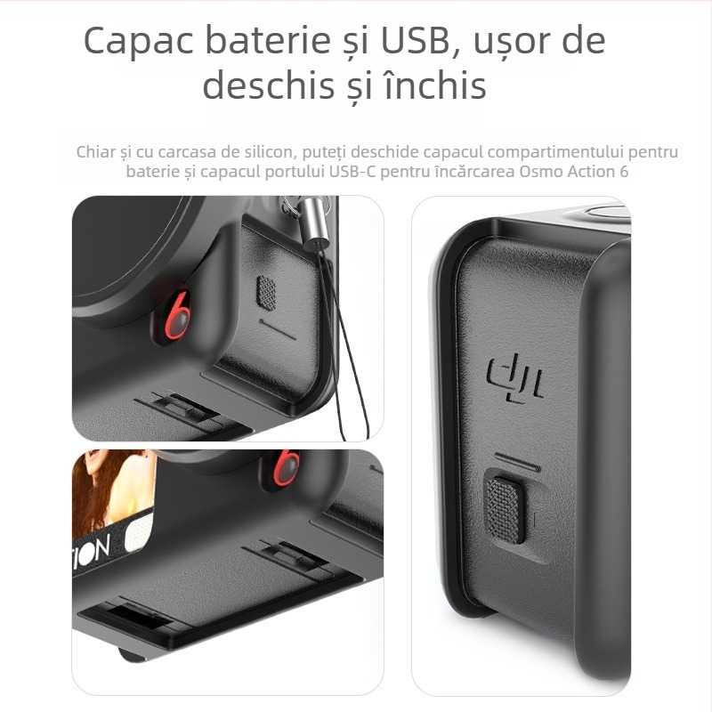 DJI Action6 husă silicon, protecție obiectiv, anti-cadere și șnur anti-pierdere – set accesorii pentru cameră sport
