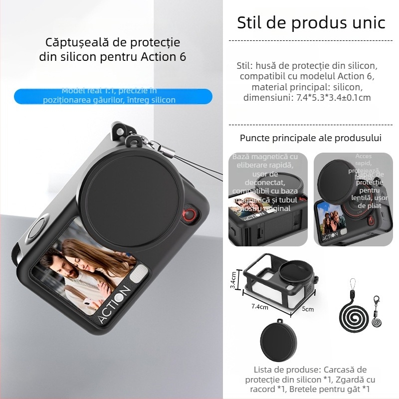 DJI Action6 husă silicon, protecție obiectiv, anti-cadere și șnur anti-pierdere – set accesorii pentru cameră sport