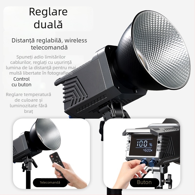 Lumină portabilă pentru fotografie 100W cu COB, bi-color 2700K–7500K, 220V, reglaj intensitate