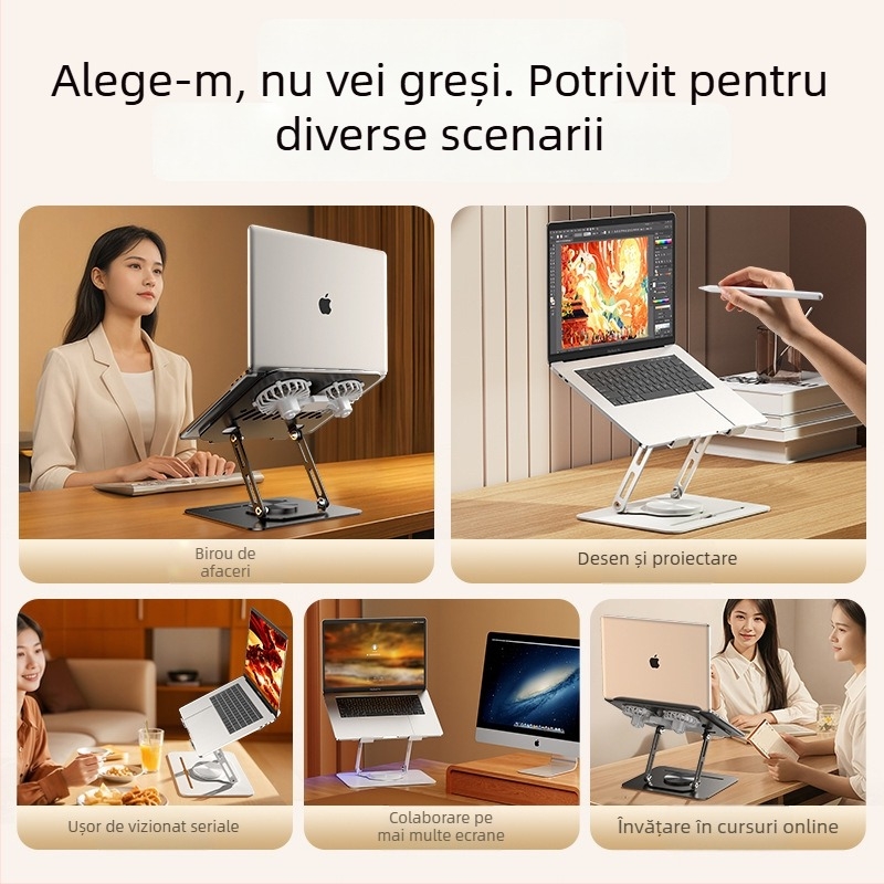 Suport pentru laptop LS29, rotire la 360°, ventilator de răcire încorporat, structură din oțel complet, greutate 1,2 kg