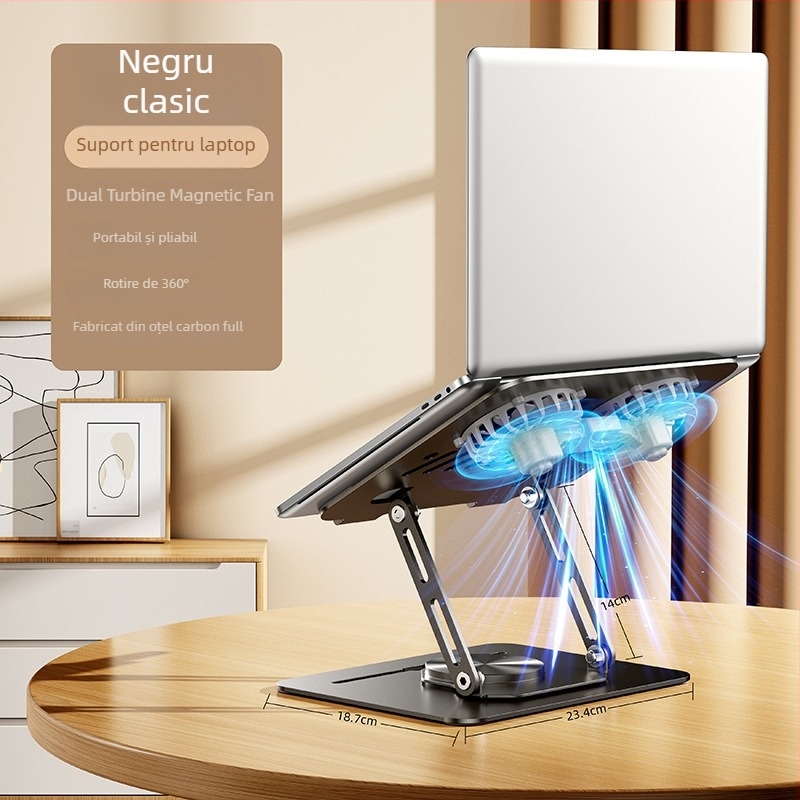 Suport pentru laptop LS29, rotire la 360°, ventilator de răcire încorporat, structură din oțel complet, greutate 1,2 kg
