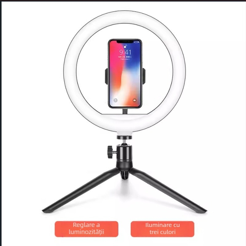Lumină LED de birou în formă de inel pentru streaming live cu funcții de înfrumusețare, include clips pentru telefon și gimbal, reglaj reglabil al luminozității, sursă de alimentare externă