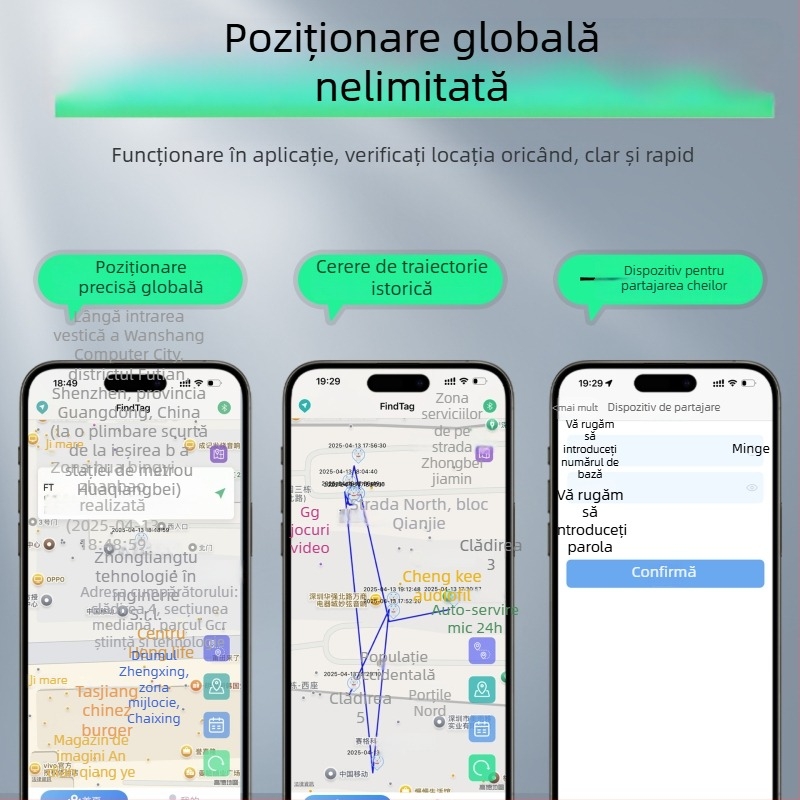 F18B GPS Tracker pentru animale de companie, genți și vehicule — Urmărire globală, Navigație pe hartă, Asociere multiplă a utilizatorilor, Redare sunet, Atașare la breloc
