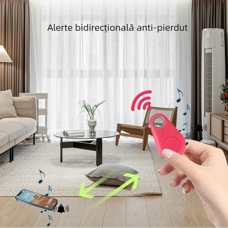 Dispozitiv Bluetooth anti-pierdut pentru chei, genți și animale de companie, cu design în formă de picătură de apă; rază 15–30 m; alarmă, fotografiere și înregistrare; carcasă ABS