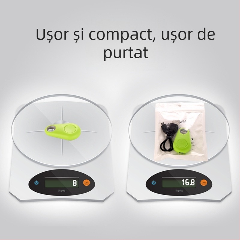 Dispozitiv Bluetooth anti-pierdut pentru chei, genți și animale de companie, cu design în formă de picătură de apă; rază 15–30 m; alarmă, fotografiere și înregistrare; carcasă ABS