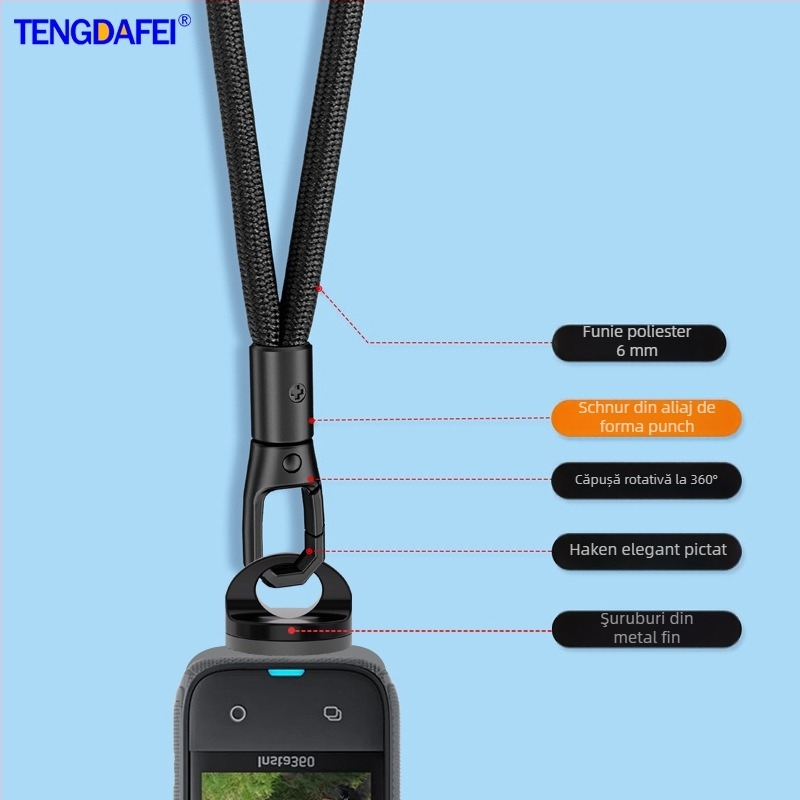 Bandă pentru cameră de acțiune Insta360 X4/AcePro/X5/Go3/RS – poliester cu cataramă metalică, sfoară anti-pierdere, imprimare logo personalizat