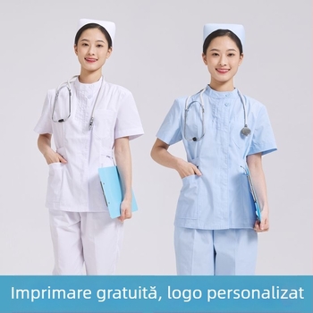 Set de uniformă pentru asistentă în două piese: top cu guler rotund plisat și pantaloni, țesătură chenille, absorbție a umezelii, unisex