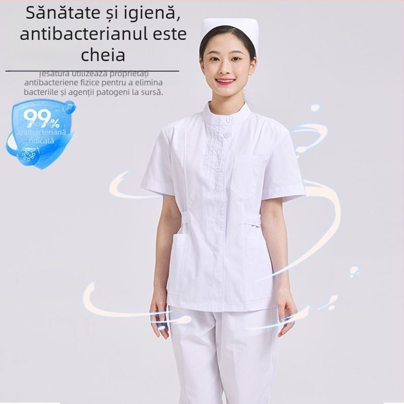 Set de uniformă pentru asistentă în două piese: top cu guler rotund plisat și pantaloni, țesătură chenille, absorbție a umezelii, unisex