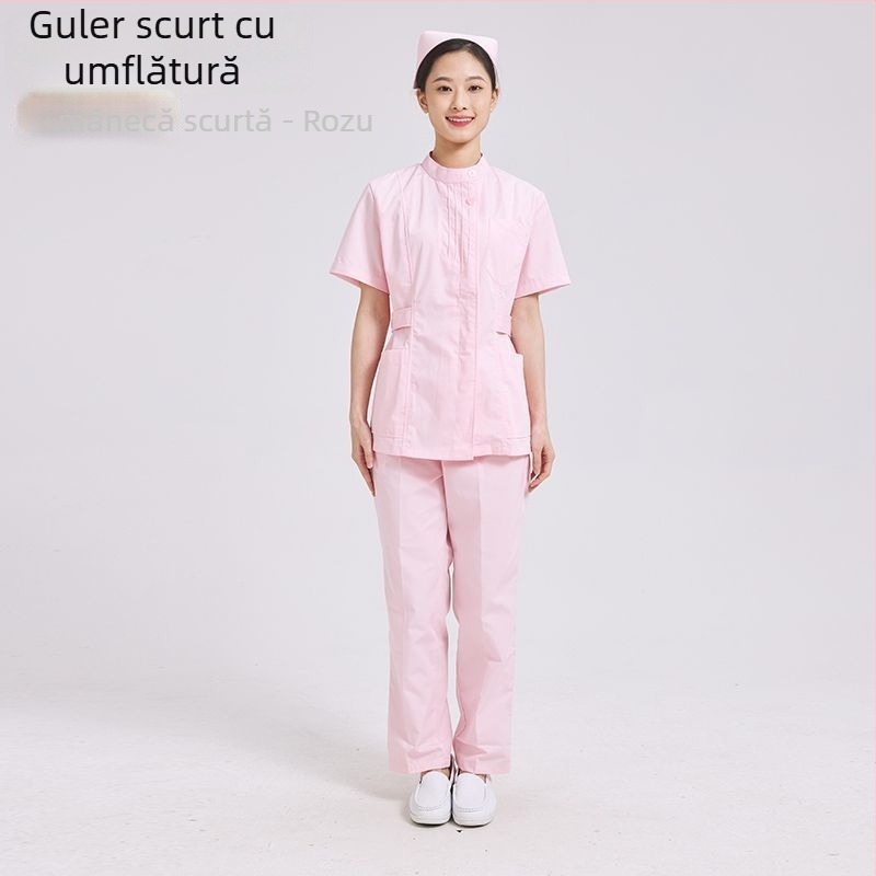 Set de uniformă pentru asistentă în două piese: top cu guler rotund plisat și pantaloni, țesătură chenille, absorbție a umezelii, unisex
