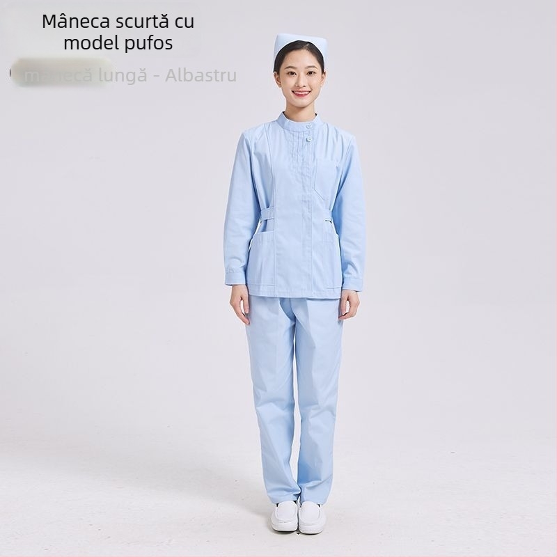 Set de uniformă pentru asistentă în două piese: top cu guler rotund plisat și pantaloni, țesătură chenille, absorbție a umezelii, unisex
