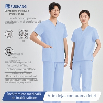 Set scrubs medicale – unisex, mâneci scurte, decolteu în V, 95% poliester, rezistent la acizi și alcalii, costum complet top+bottom